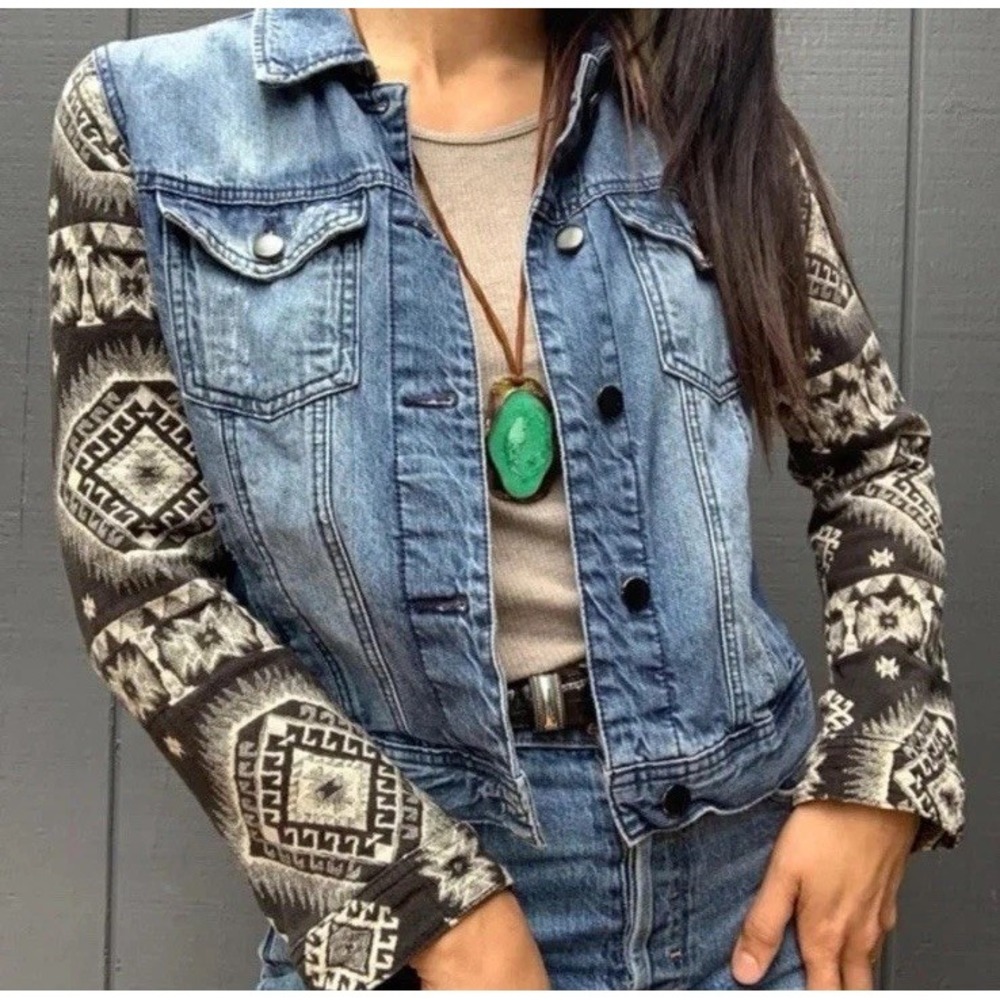 Boho Denim Jean Jacket Women’s Small Aztec Woven Sleeve Casual Chic
